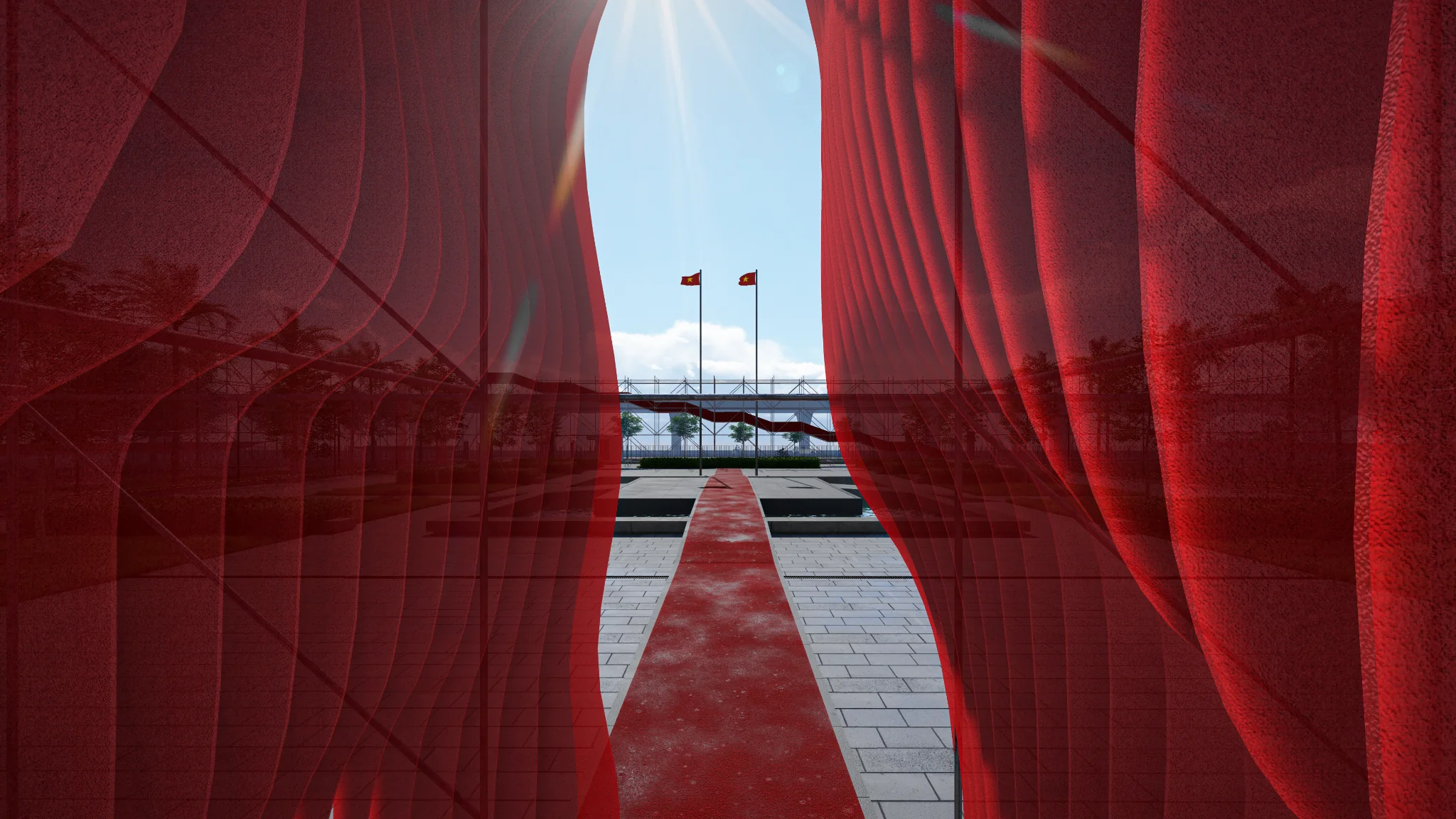 Hanoi Museum Exhibition — passage through red sculpture