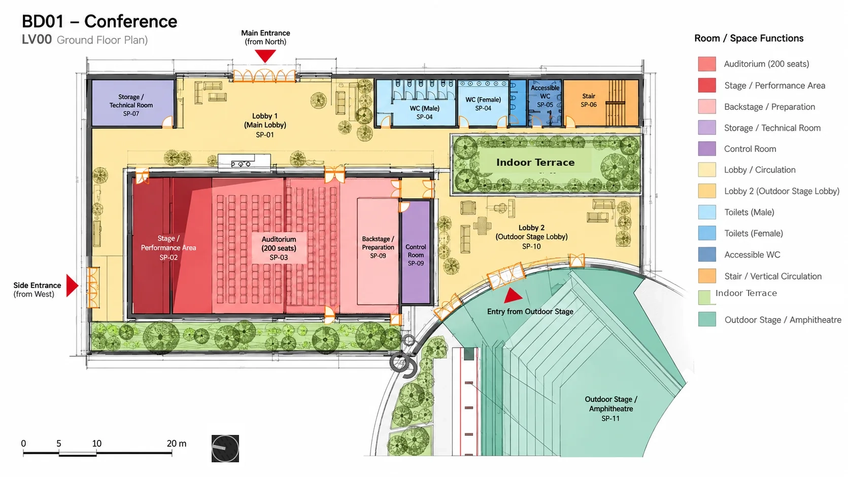 BD01 Conference LV00 ground floor plan with color-coded room and space functions