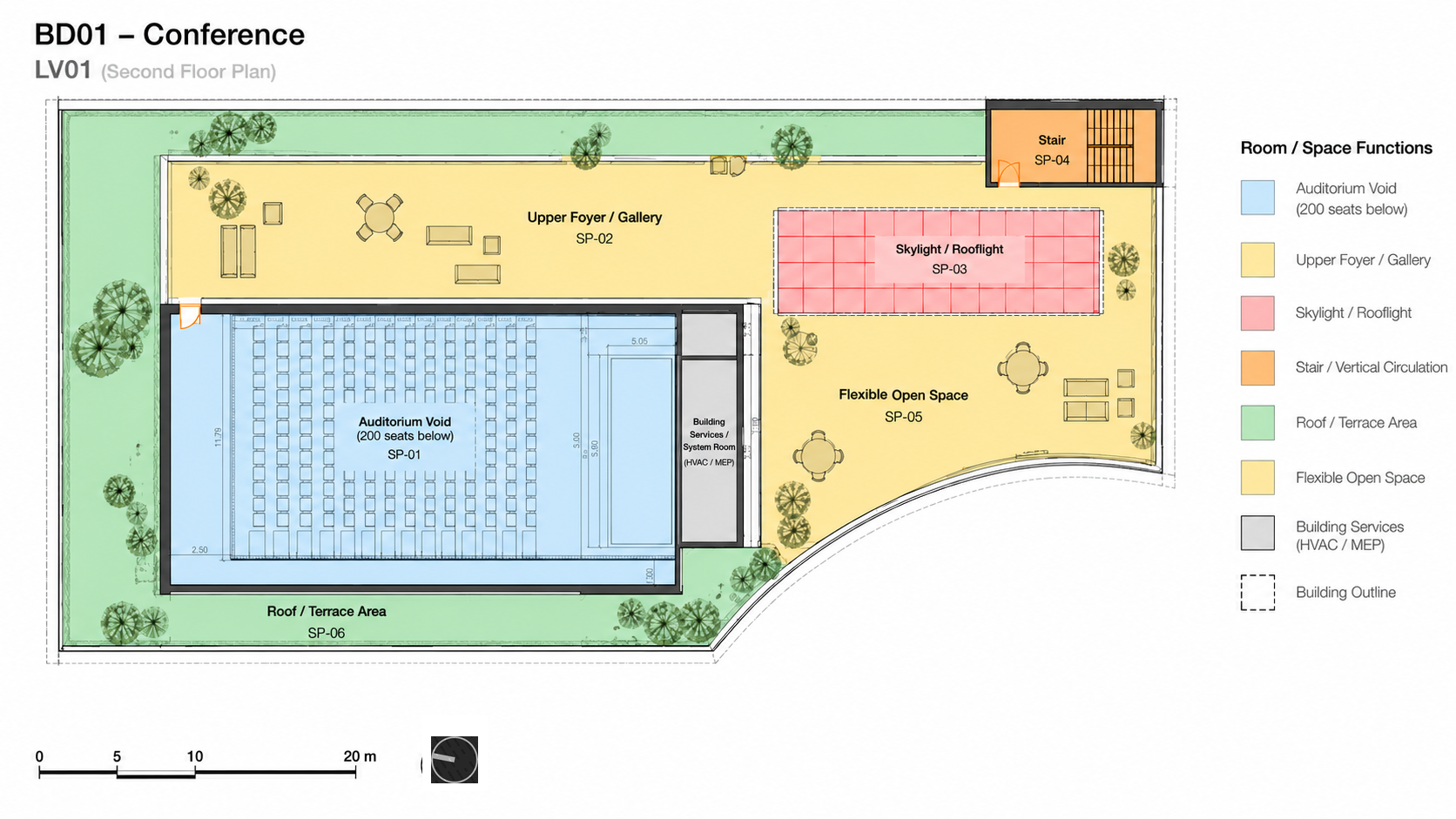 BD01 Conference LV01 second floor plan with color-coded functions