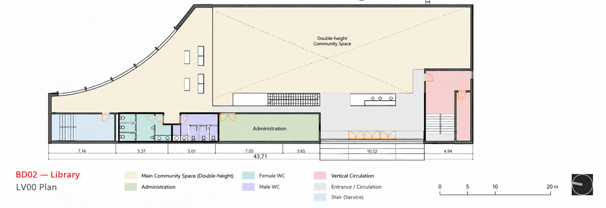 BD02 Library LV00 ground floor plan with color-coded room and space functions