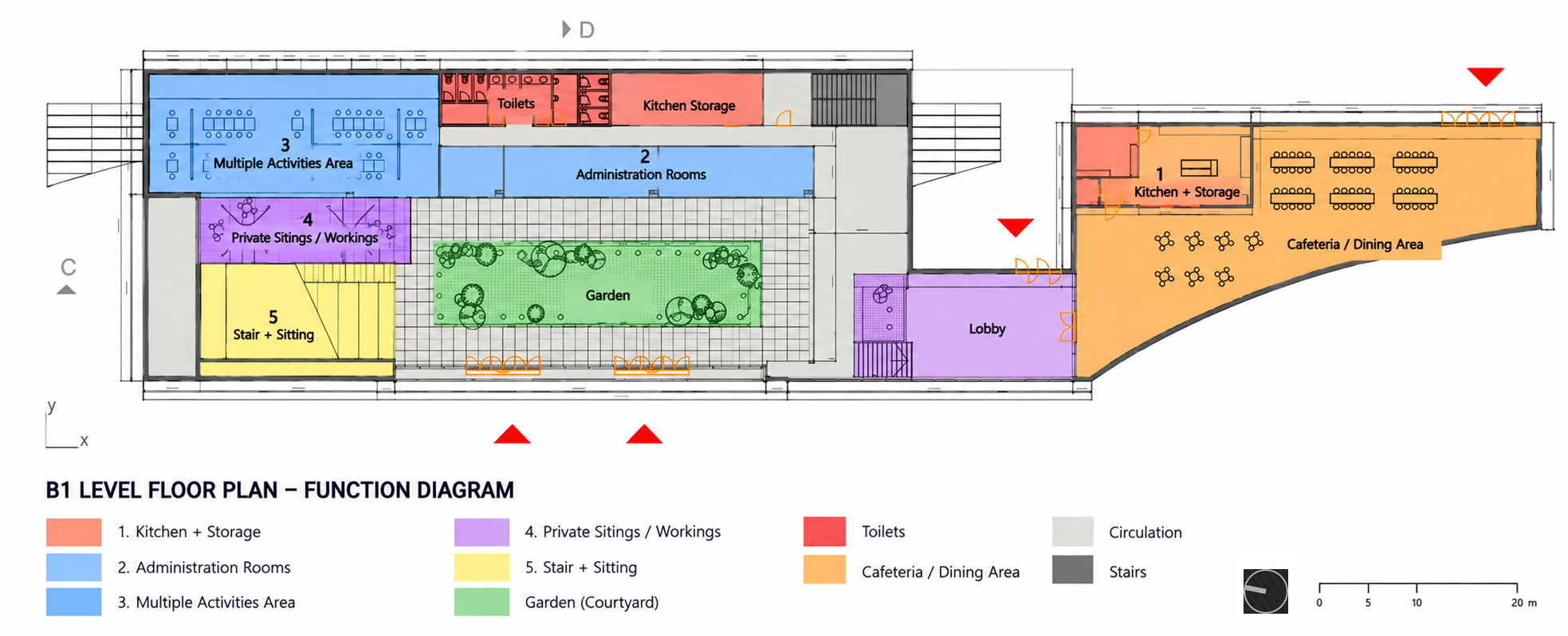 BD03 Community B1 underground floor plan with color-coded room and space functions