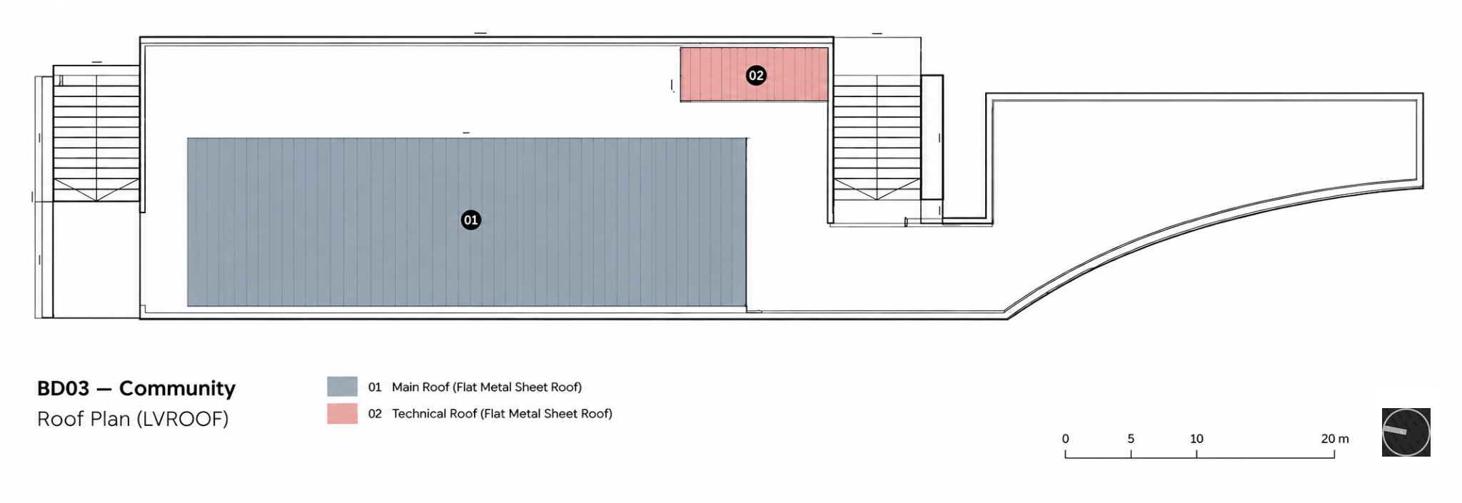 BD03 Community roof plan with flat metal sheet roof zones